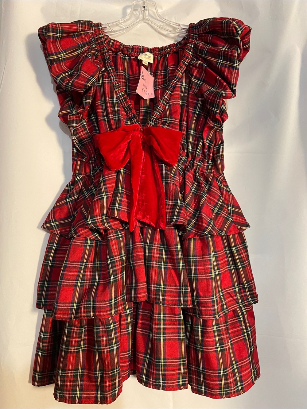 Peach Love California Red Plaid Tiered Bow Dress, size L